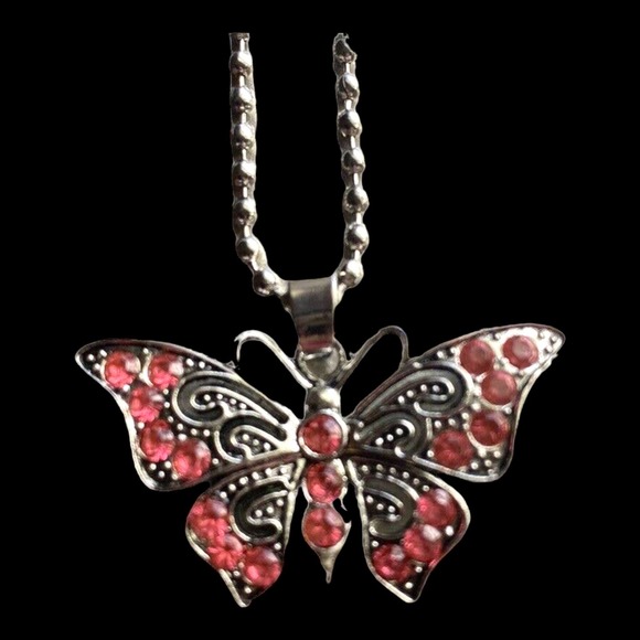 Silver Pink Crystal Rhinestone Cubic Zirconia CZ Gemstone Butterfly Necklace - Picture 3 of 4